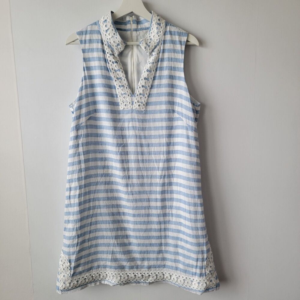 ELIZA J Stripe Sleeveless Linen & Cotton Shift Dress In Light Blue White size 14
